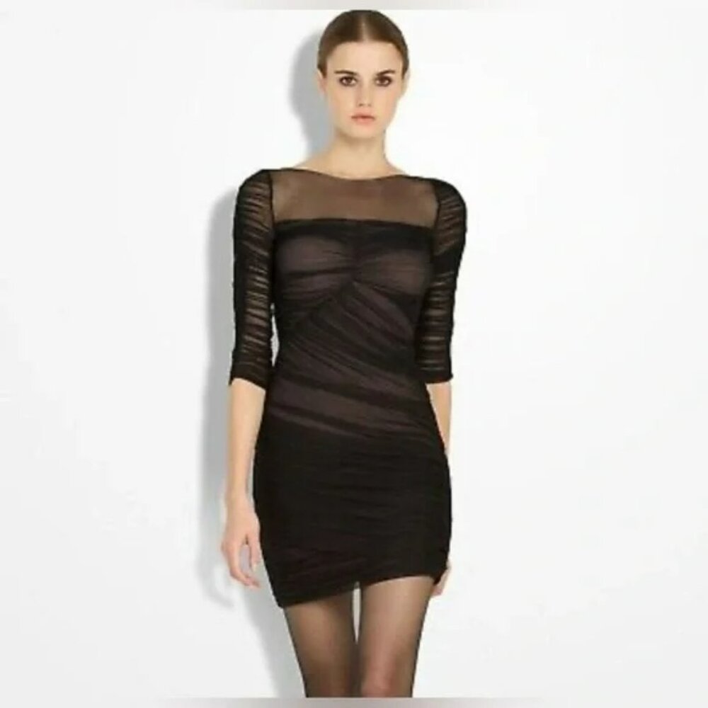 BCBGMAXAZRIA Danika Illusion Bodice Ruched Shirred Dress in Black.  SZ XS